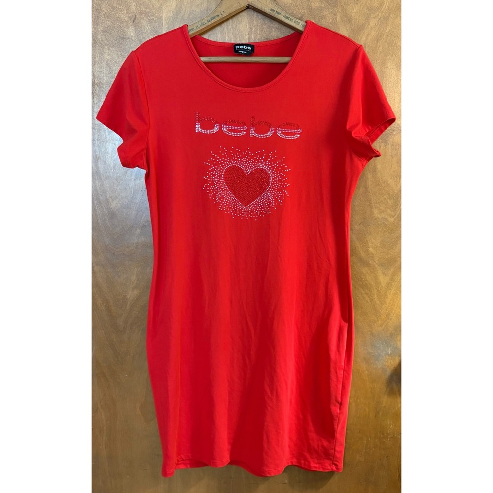 Bebe Red Rhinestone Logo Heart Dress XL Y2K Cyber Mcbling Bratz 90s Cyber Grunge